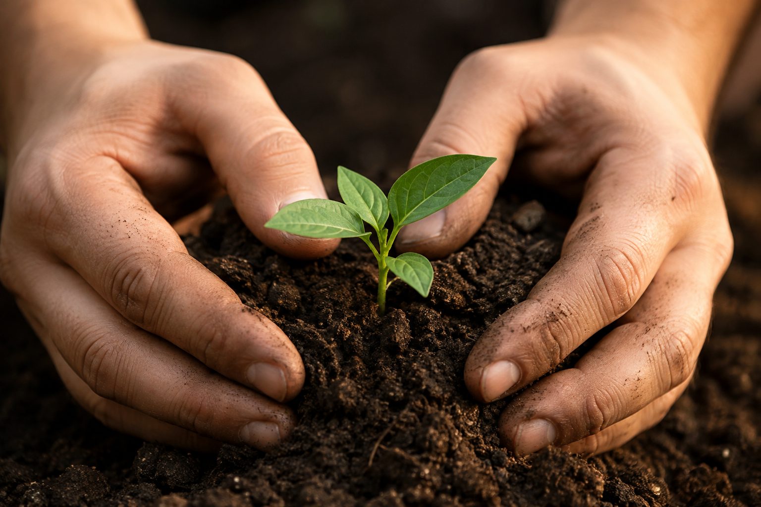 Organic agriculture field with healthy green crops and fertile soil