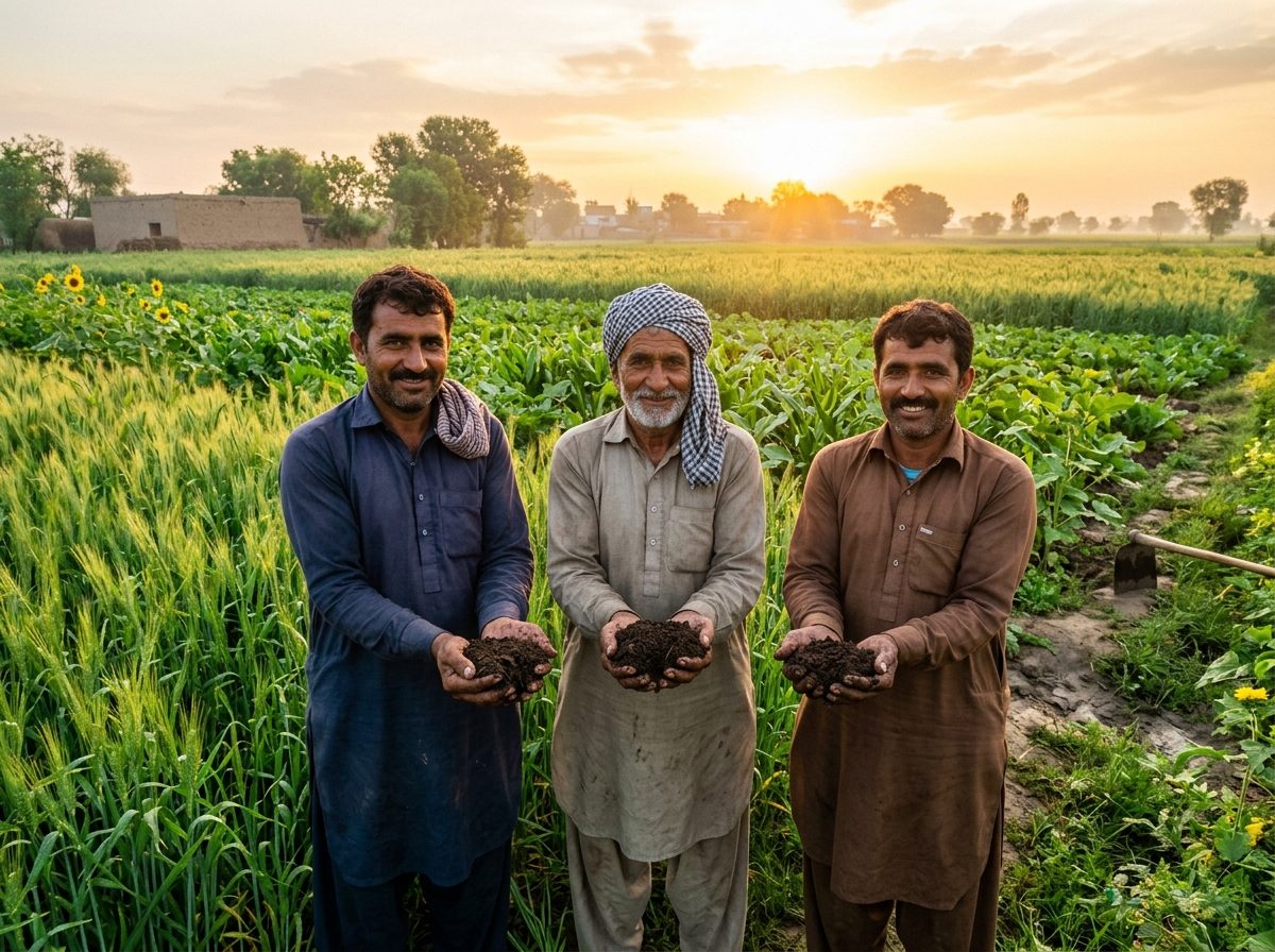 Three Pakistani farmers holding vermicompost in their fields