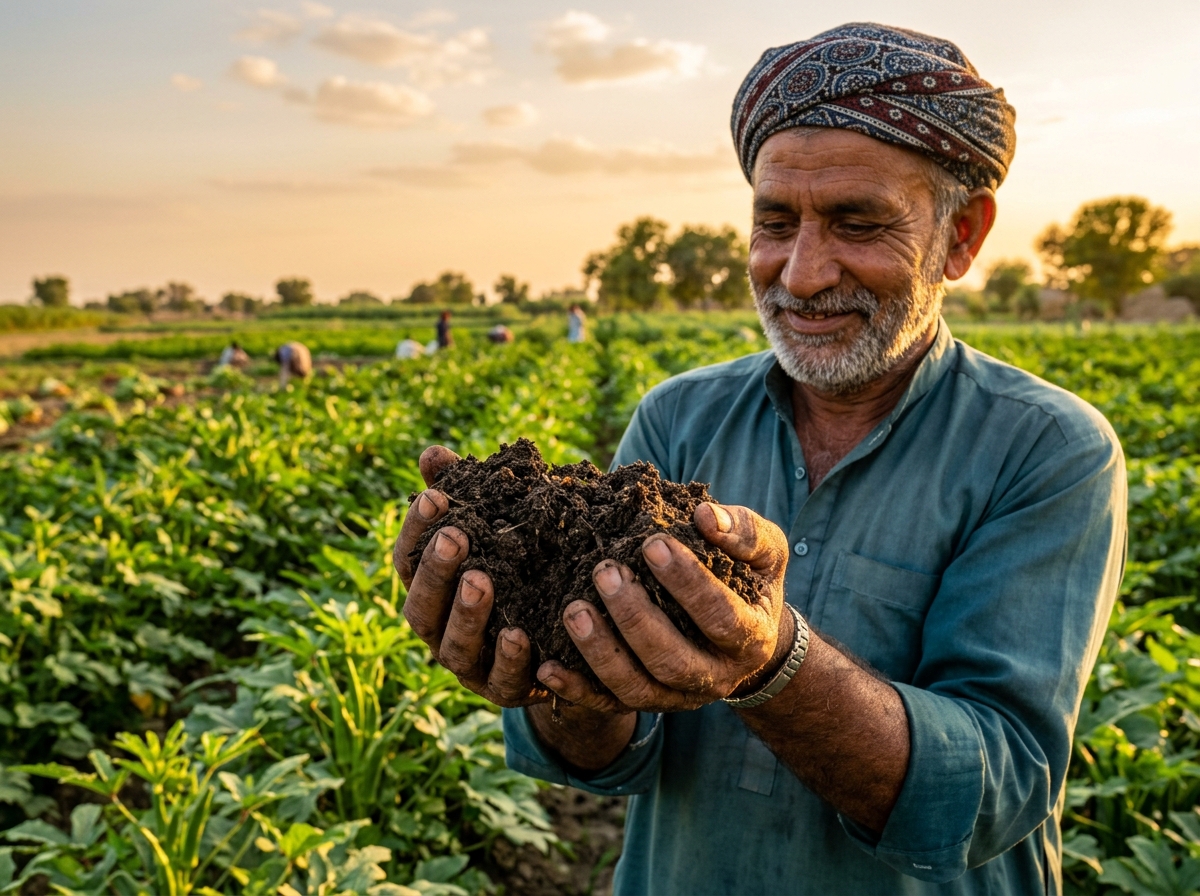 Pakistani farmer holding vermicompost in the field